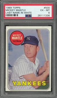 1969 Topps #500 Mickey Mantle, Scarce "White Letters" Variation – PSA EX-MT 6